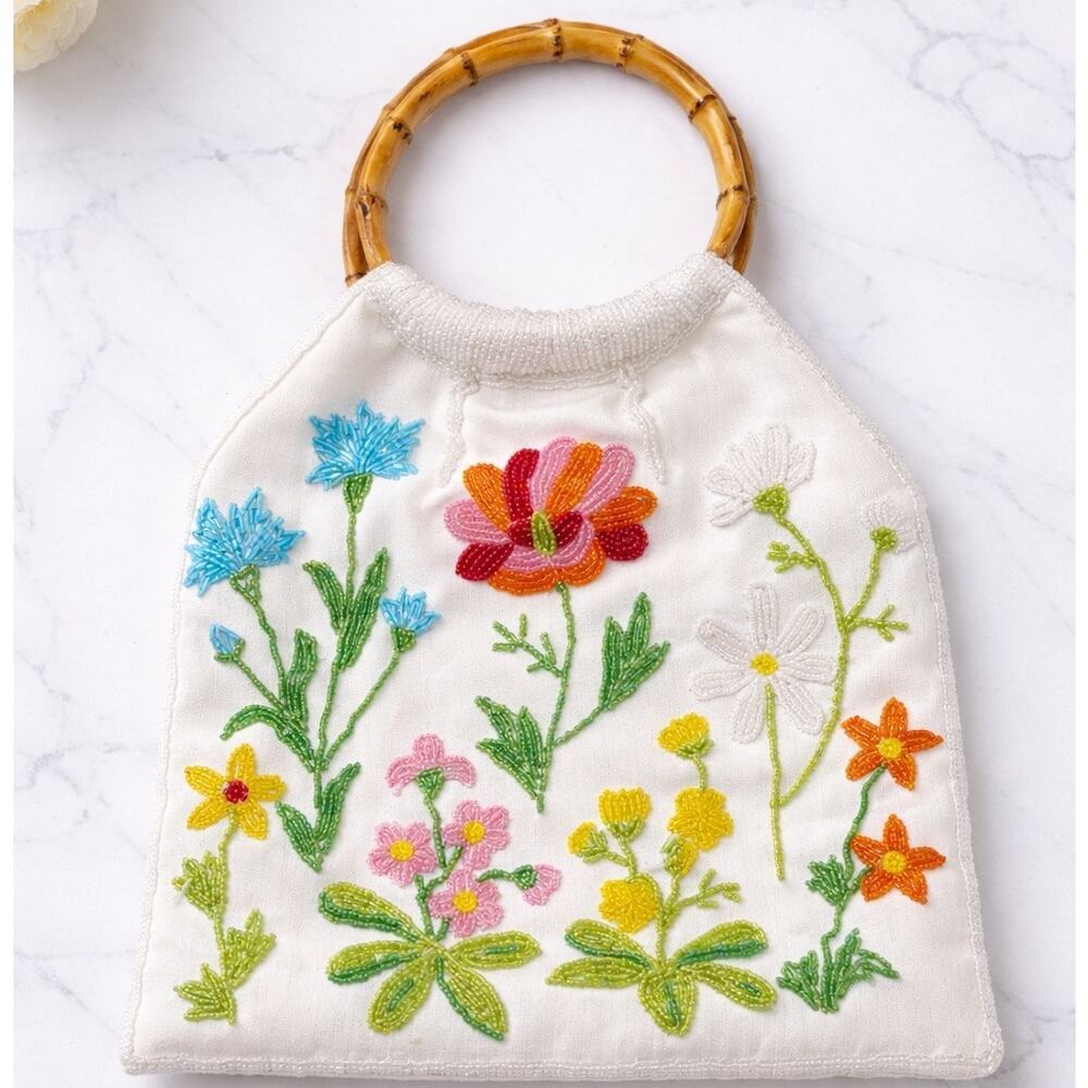 Vintage Beaded Floral Bag Bamboo Handle Fabric Purse Top Handle Bag